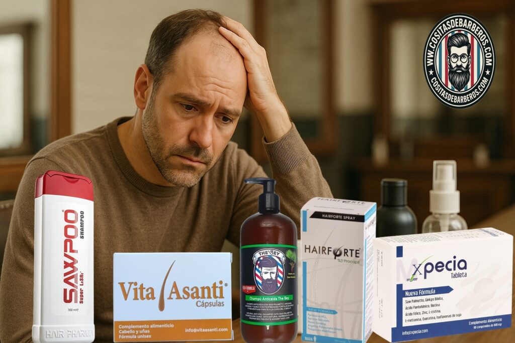 Hombre preocupado por caída del cabello tocándose la cabeza, imagen emocional para artículo sobre autoestima y soluciones capilares